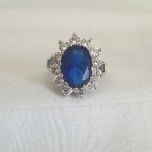 Silver Blue Oval Clear Stone Cocktail Ring